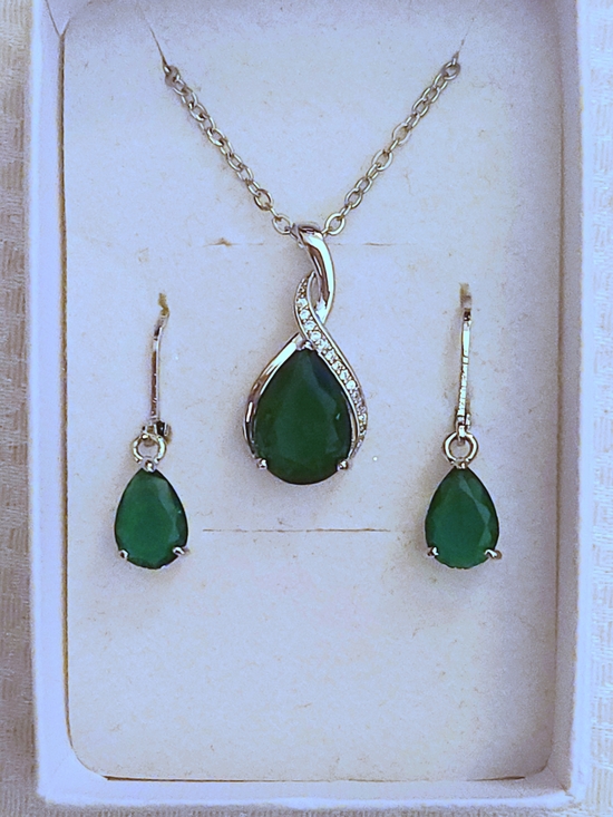Jewelry - Dark Green Teardrop Pendant Necklace and Earring Set